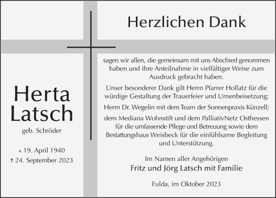 Traueranzeige von Herta Latsch von FZ