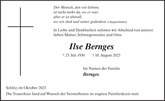 Traueranzeige von Ilse Bernges von FZ