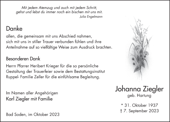 Traueranzeige von Johanna Ziegler von FZ
