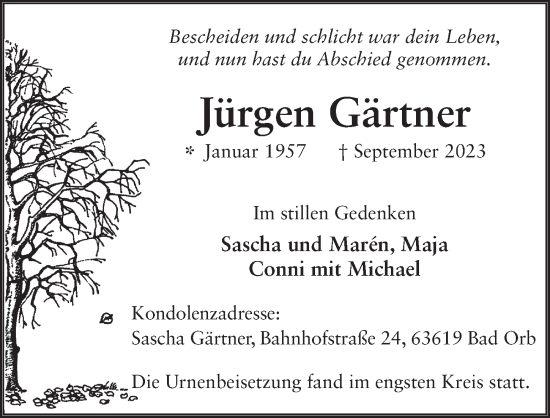 Traueranzeige von Jürgen Gärtner von FZ