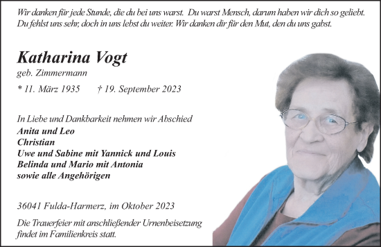 Traueranzeige von Katharina Vogt von FZ