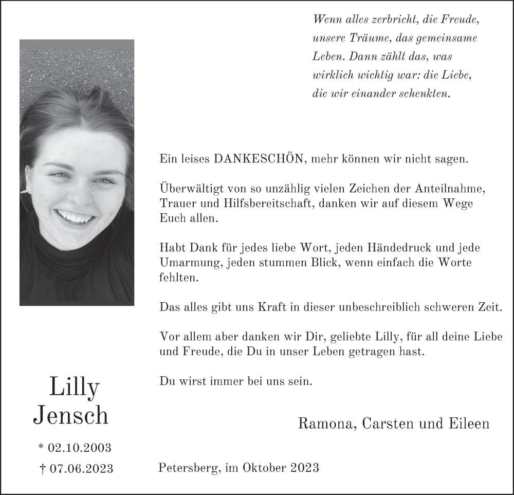  Traueranzeige für Lilly Jensch vom 07.10.2023 aus FZ