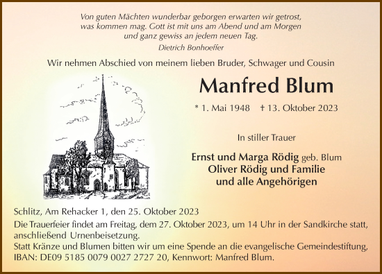 Traueranzeige von Manfred Blum von FZ