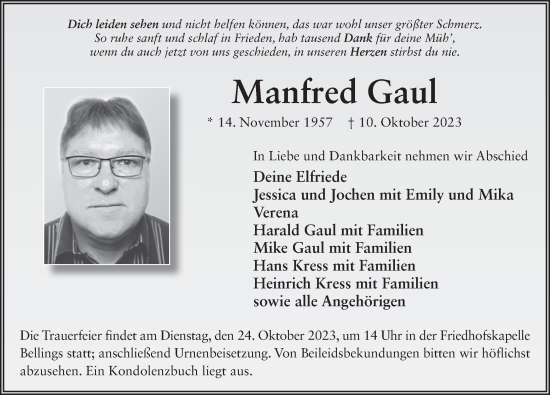 Traueranzeige von Manfred Gaul von FZ
