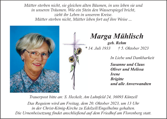 Traueranzeige von Marga Mühlisch von FZ