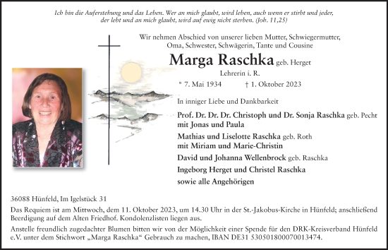Traueranzeige von Marga Raschka von FZ