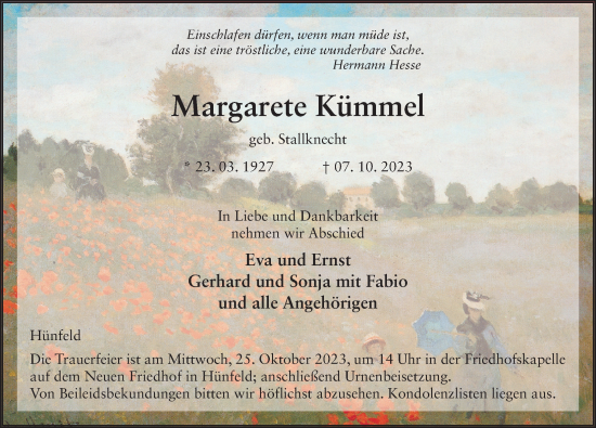 Traueranzeige von Margarete Kümmel von FZ