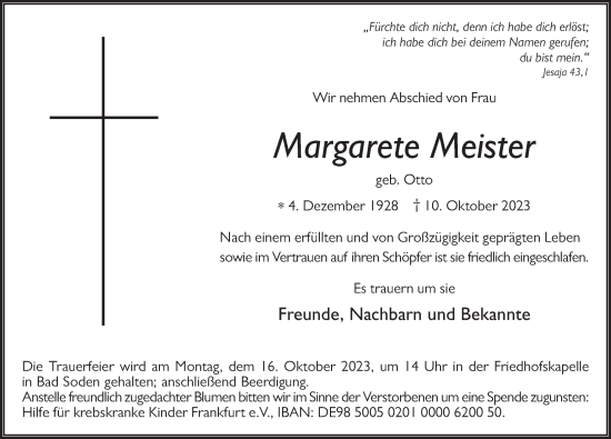 Traueranzeige von Margarete Meister von FZ