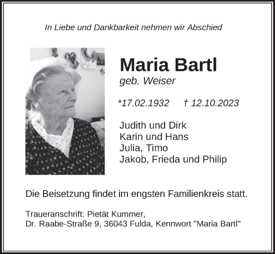 Traueranzeige von Maria Bartl von FZ
