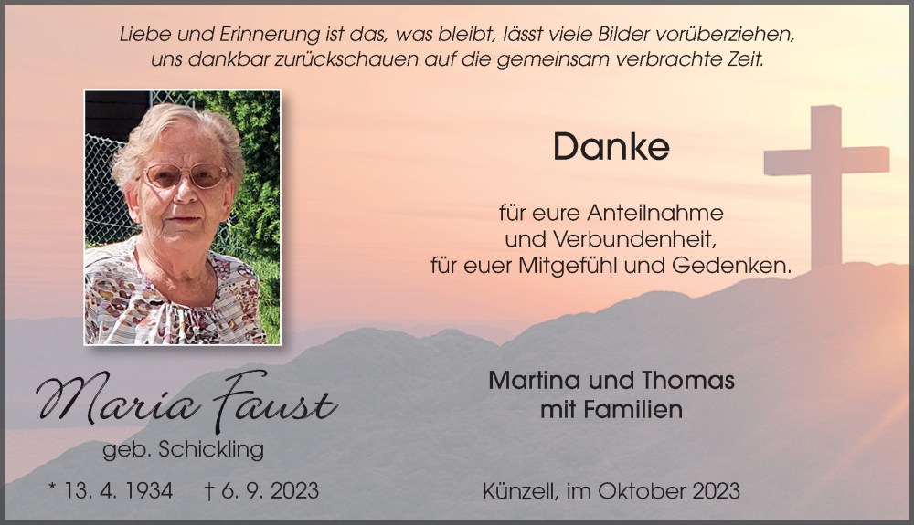  Traueranzeige für Maria Faust vom 21.10.2023 aus FZ