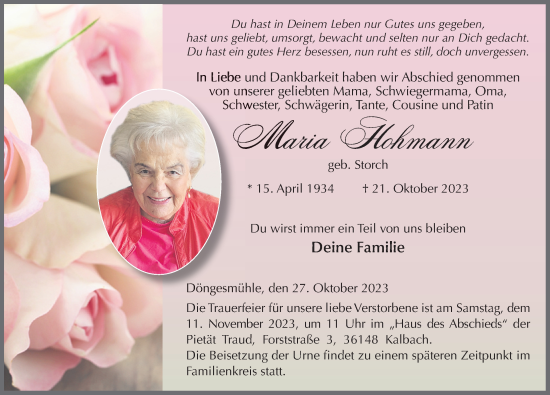 Traueranzeige von Maria Hohmann von FZ
