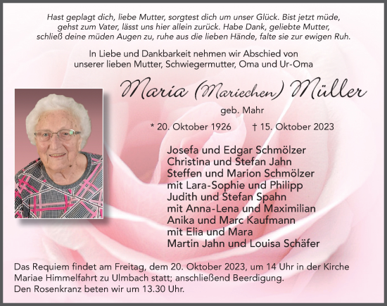 Traueranzeige von Maria Müller von FZ