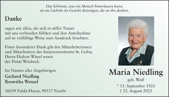 Traueranzeige von Maria Niedling von FZ