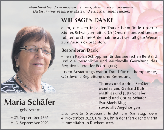 Traueranzeige von Maria Schäfer von FZ