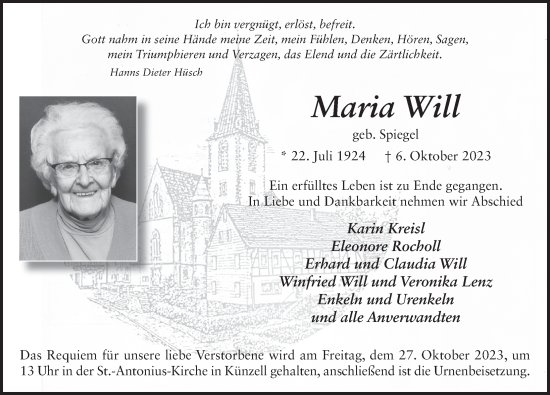 Traueranzeige von Maria Will von FZ