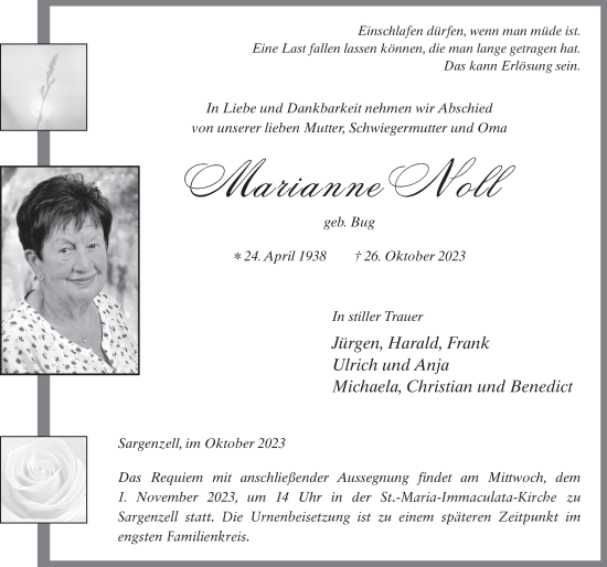 Traueranzeige von Marianne Noll von FZ