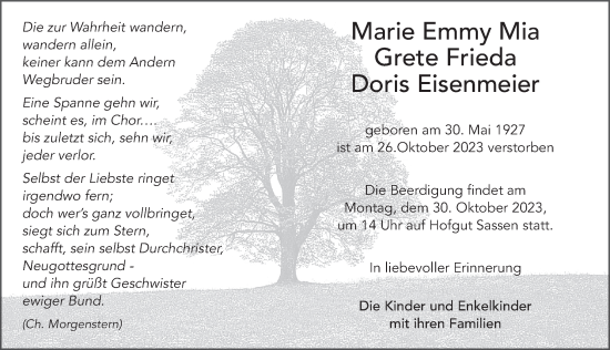 Traueranzeige von Marie Emmy Mia Grete Frieda Doris Eisenmeier von FZ