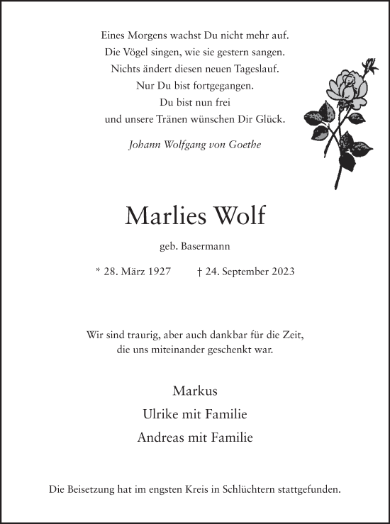 Traueranzeige von Marlies Wolf von FZ