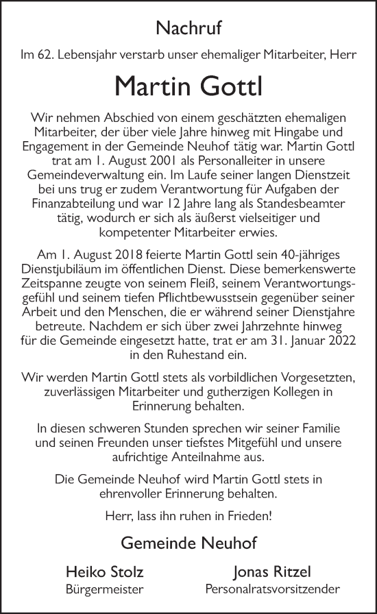 Traueranzeige von Martin Gottl von FZ