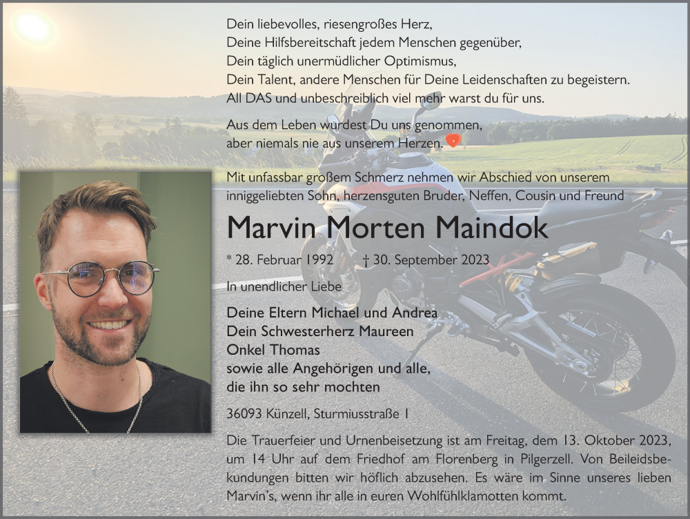  Traueranzeige für Marvin Morten Maindok vom 07.10.2023 aus FZ