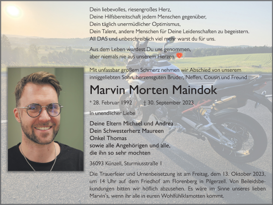 Traueranzeige von Marvin Morten Maindok von FZ