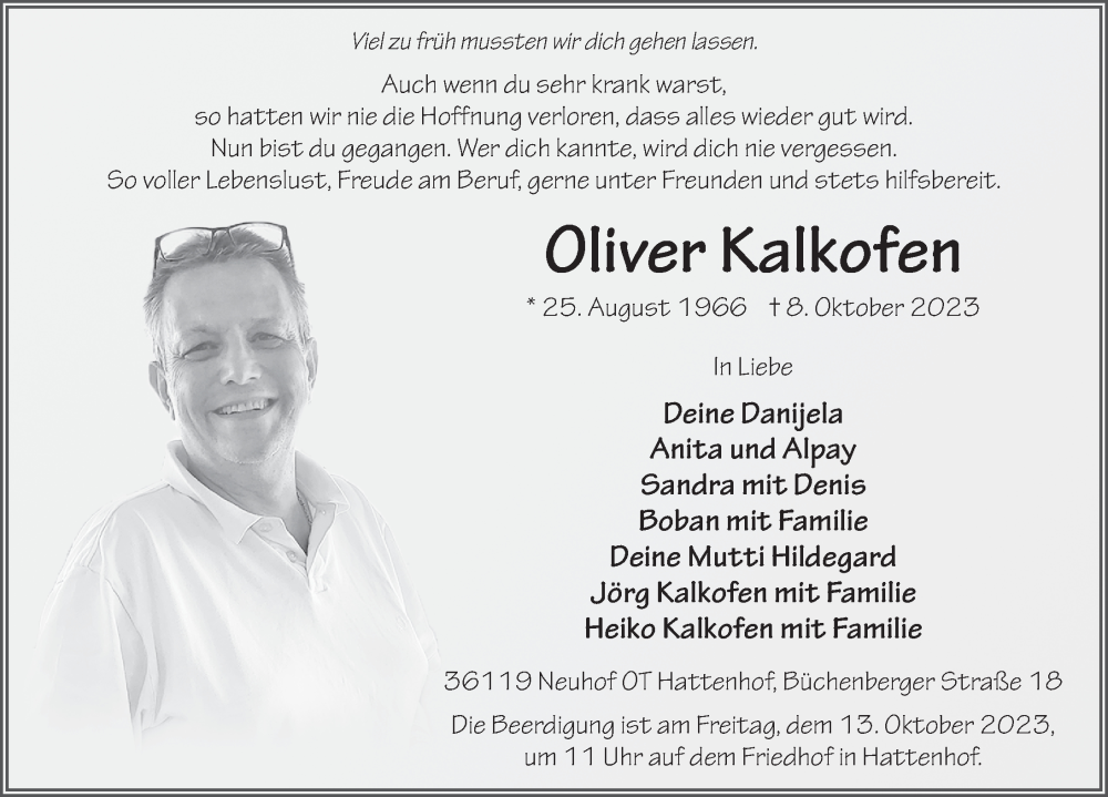  Traueranzeige für Oliver Kalkofen vom 11.10.2023 aus FZ