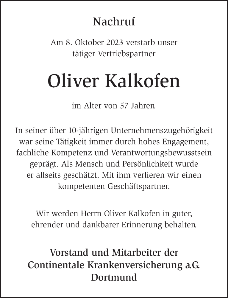  Traueranzeige für Oliver Kalkofen vom 13.10.2023 aus FZ