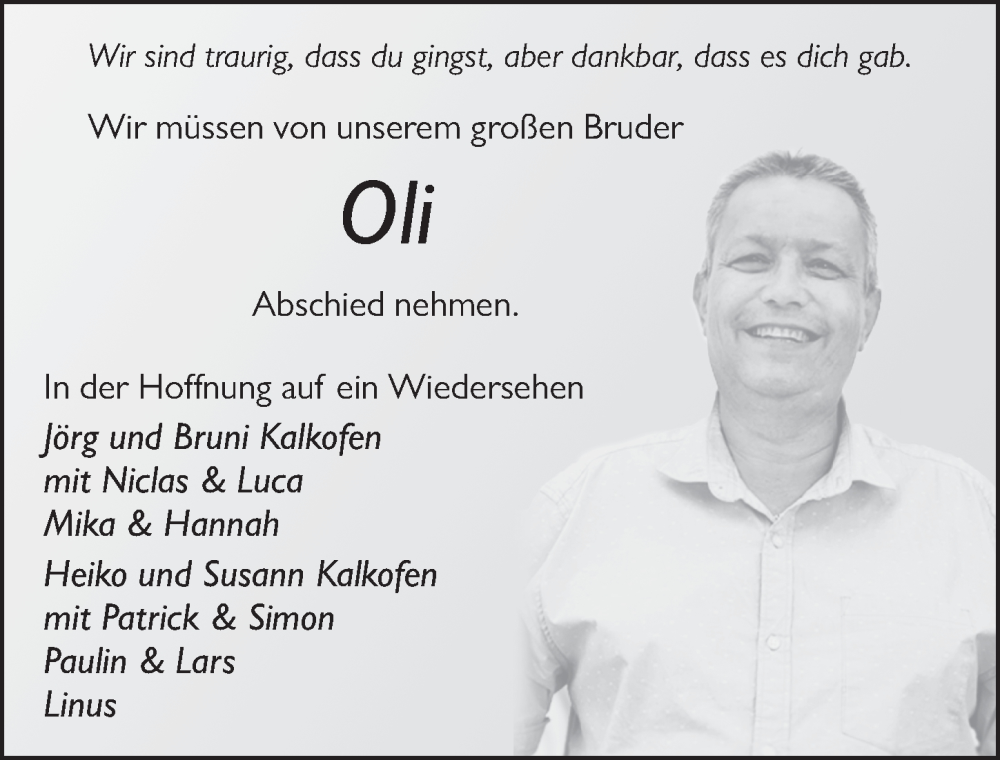  Traueranzeige für Oliver Kalkofen vom 11.10.2023 aus FZ