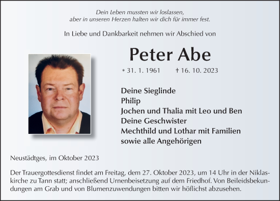 Traueranzeige von Peter Abe von FZ