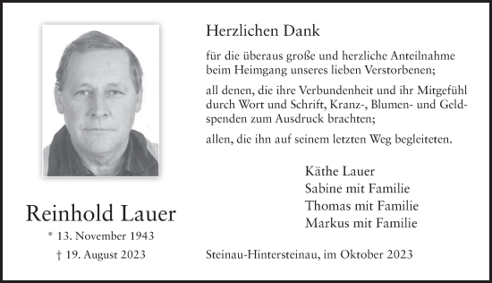 Traueranzeige von Reinhold Lauer von FZ