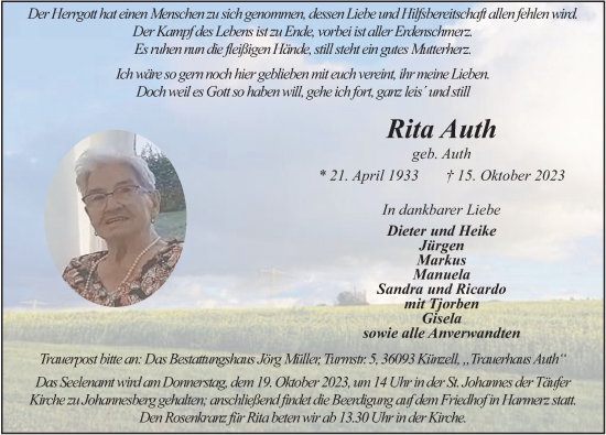 Traueranzeige von Rita Auth von FZ