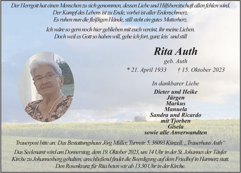  Traueranzeige für Rita Auth vom 17.10.2023 aus FZ