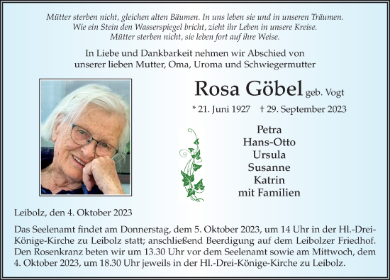 Traueranzeige von Rosa Göbel von FZ