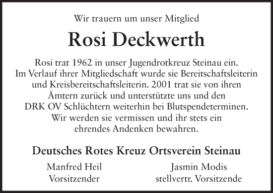 Traueranzeige von Rosalinde Deckwerth von FZ