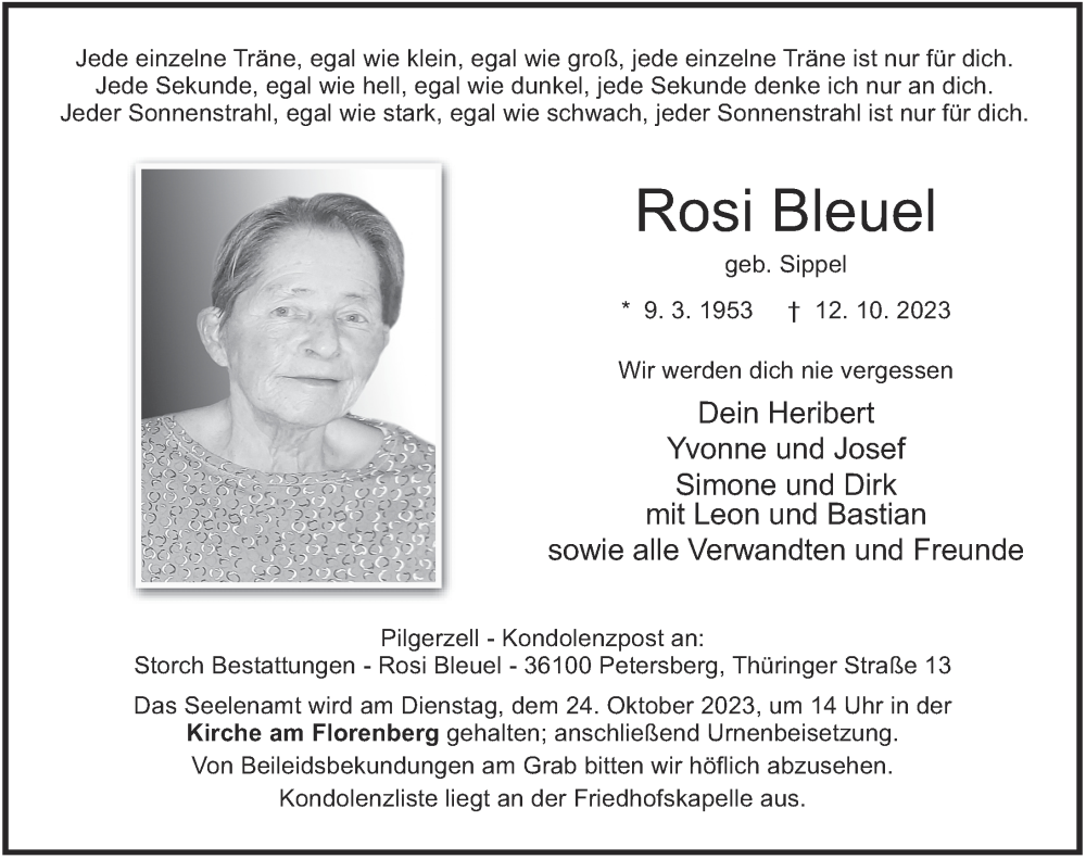  Traueranzeige für Rosi Bleuel vom 21.10.2023 aus FZ