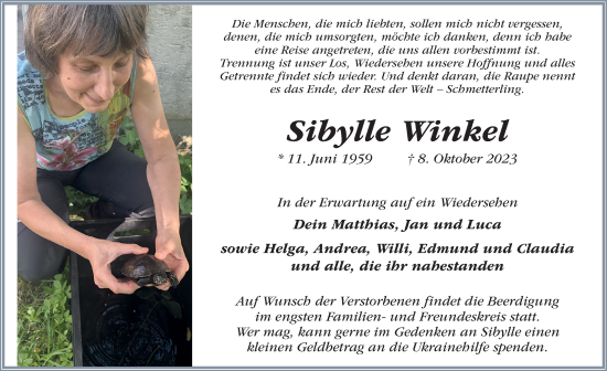 Traueranzeige von Sibylle Winkel von FZ