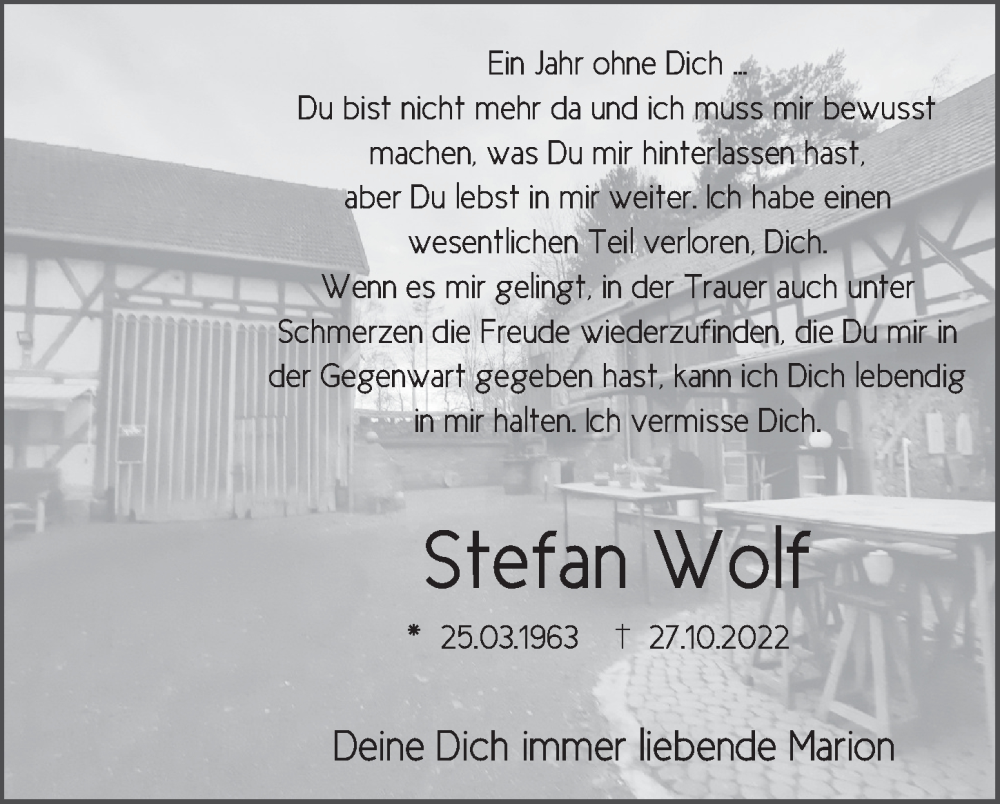  Traueranzeige für Stefan Wolf vom 27.10.2023 aus FZ