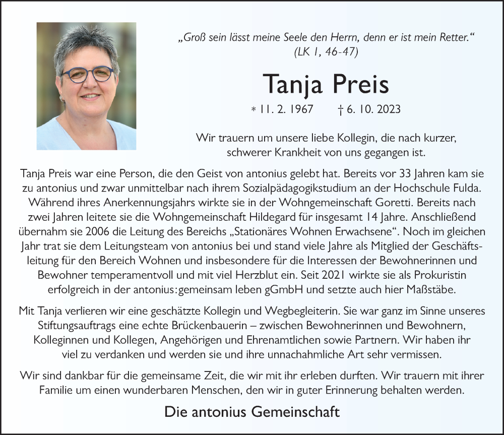 Traueranzeige für Tanja Preis vom 11.10.2023 aus FZ