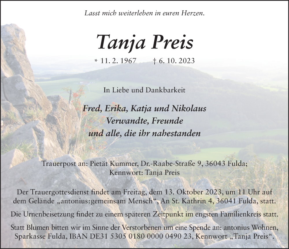  Traueranzeige für Tanja Preis vom 11.10.2023 aus FZ