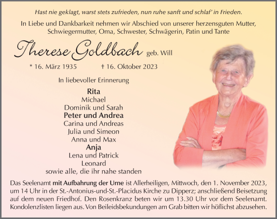 Traueranzeige von Therese Goldbach von FZ