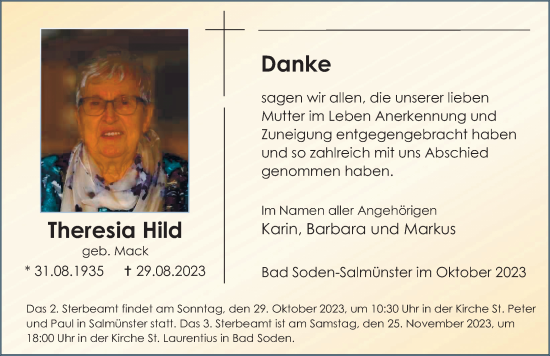 Traueranzeige von Theresia Hild von FZ