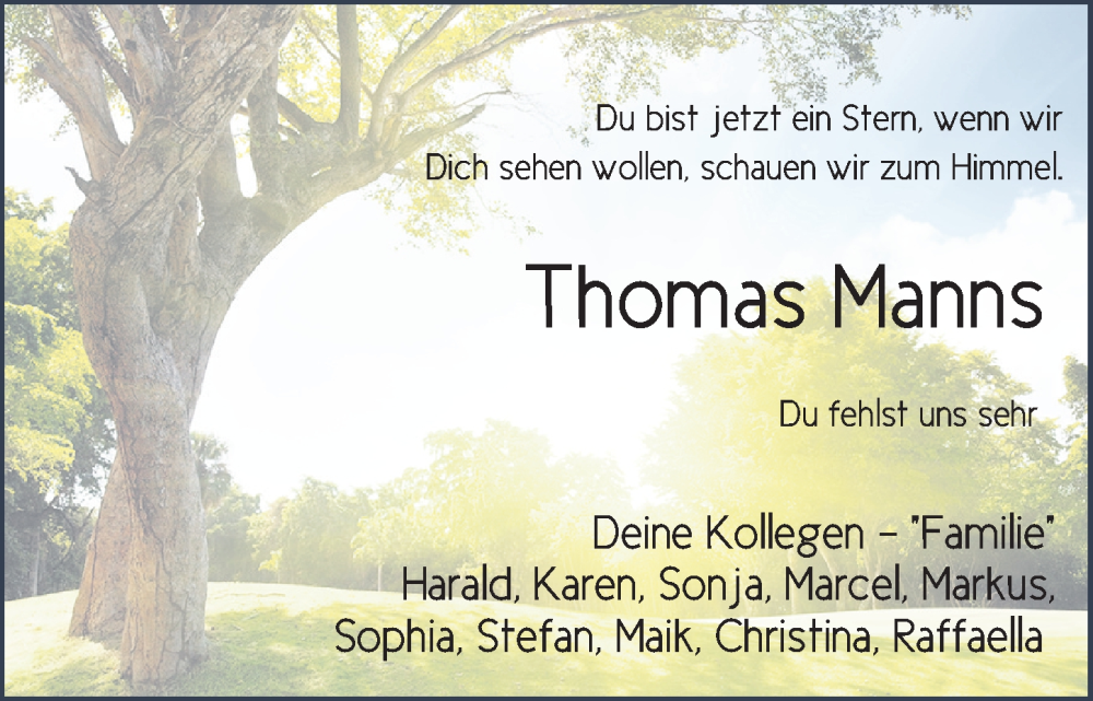  Traueranzeige für Thomas Manns vom 07.10.2023 aus FZ