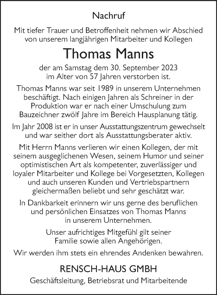  Traueranzeige für Thomas Manns vom 07.10.2023 aus FZ