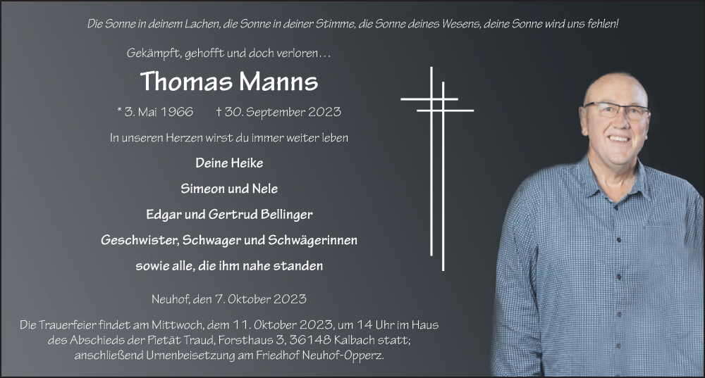  Traueranzeige für Thomas Manns vom 07.10.2023 aus FZ