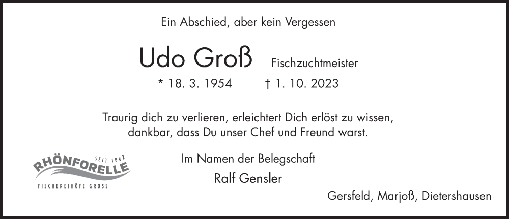  Traueranzeige für Udo Groß vom 09.10.2023 aus FZ