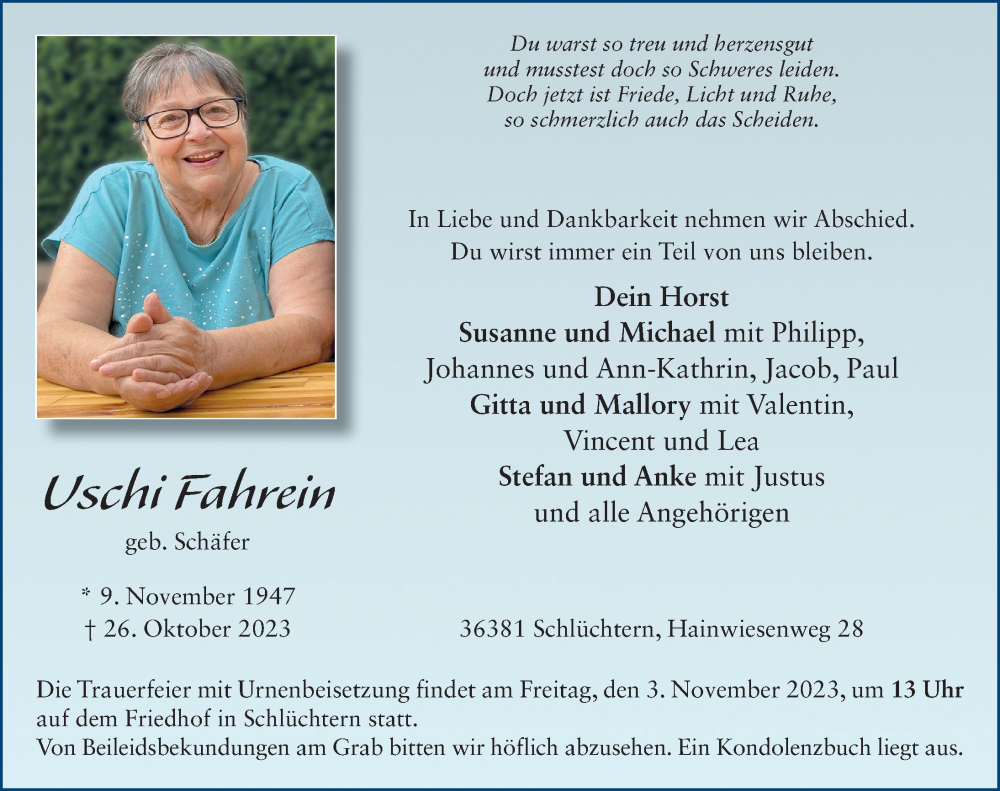  Traueranzeige für Ursula Fahrein vom 31.10.2023 aus FZ