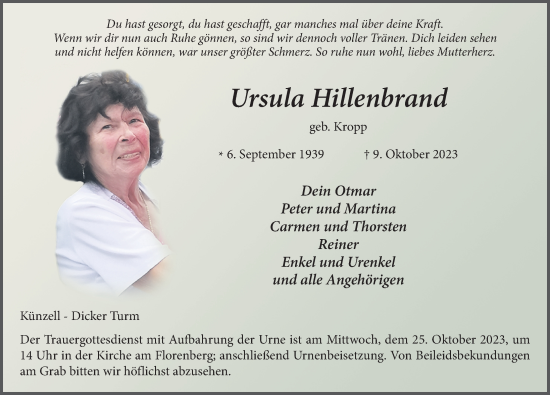Traueranzeige von Ursula Hillenbrand von FZ