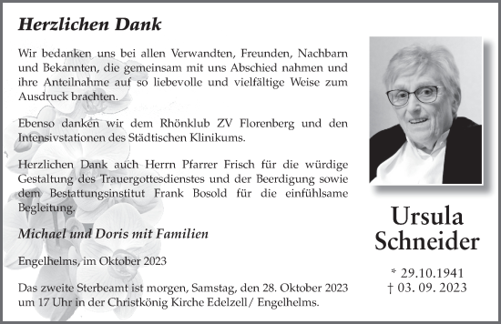 Traueranzeige von Ursula Schneider von FZ