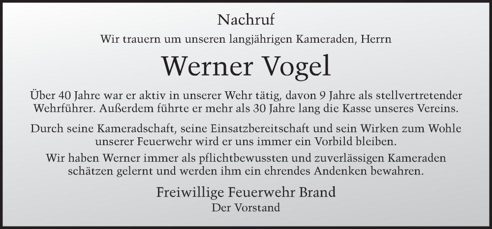  Traueranzeige für Werner Vogel vom 04.10.2023 aus FZ