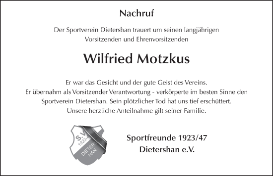 Traueranzeige von Wilfried Motzkus von FZ